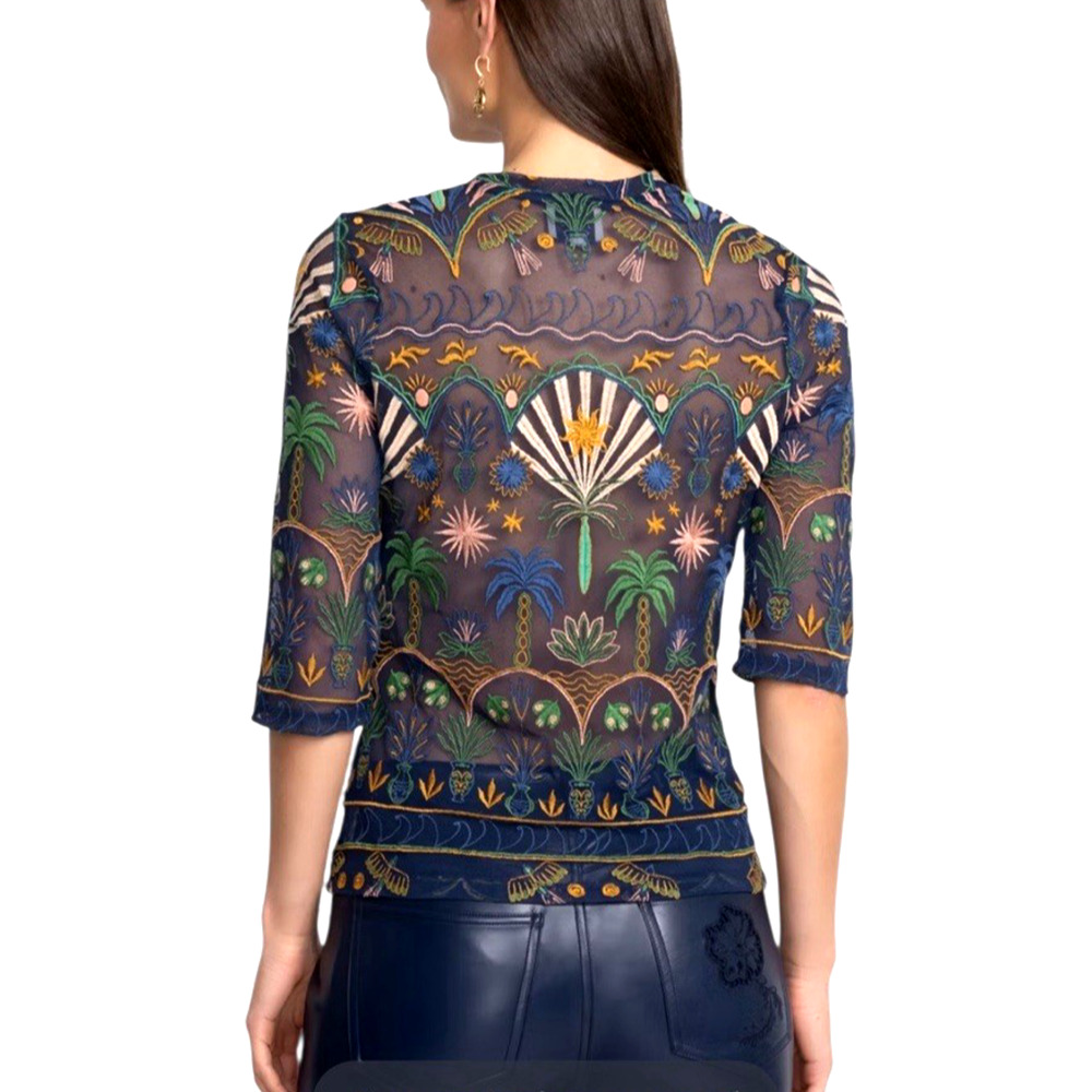 JADE by JOHNNY WAS Size Small Kaia Mesh Navy Del Mar Embroidered PulloverTop - Picture 8 of 13